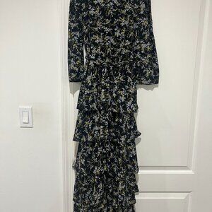 Women's black and yellow tiered midi dress